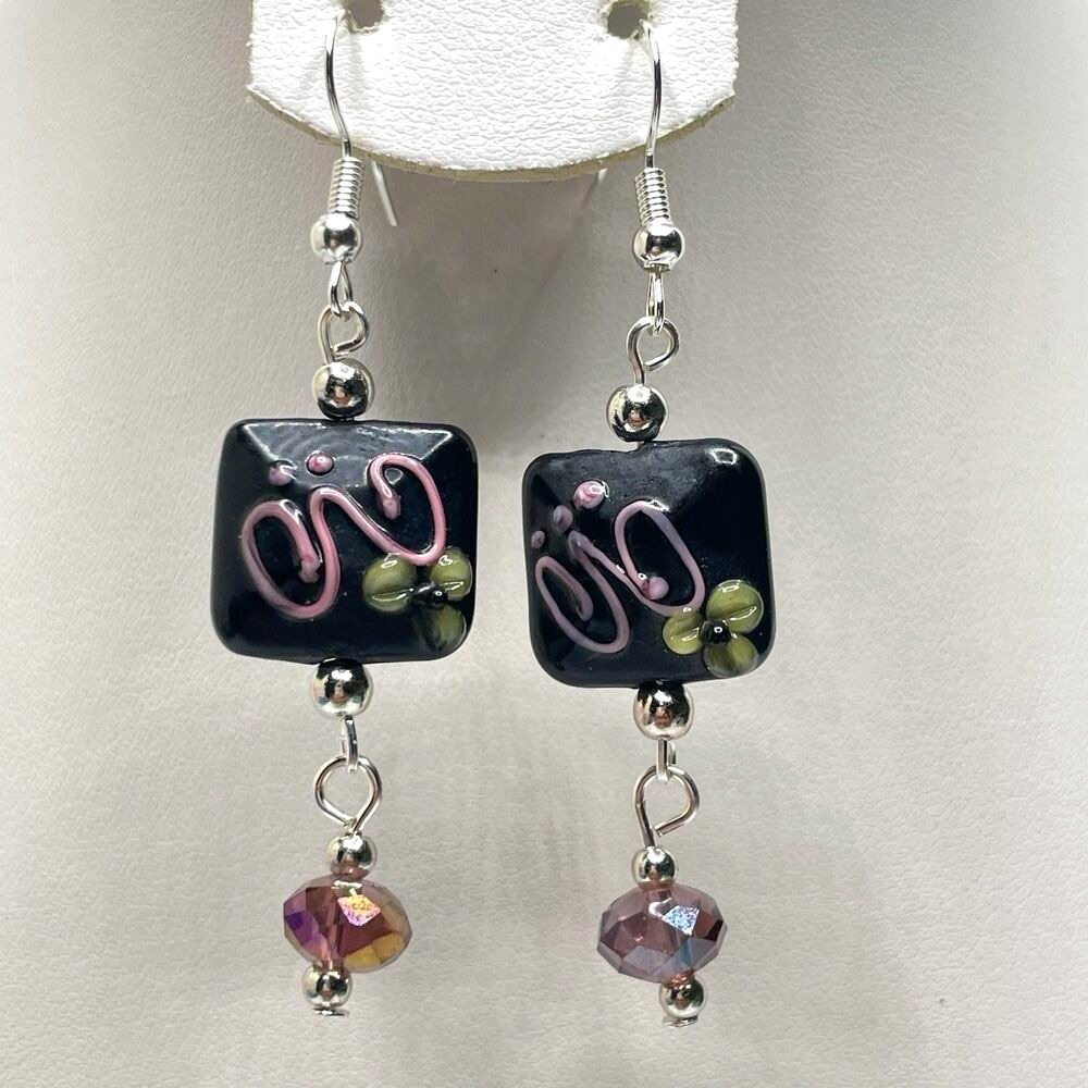 Artisan Black Purple Ceramic Glass Beaded Dangle Earrings Boho Silver Tone